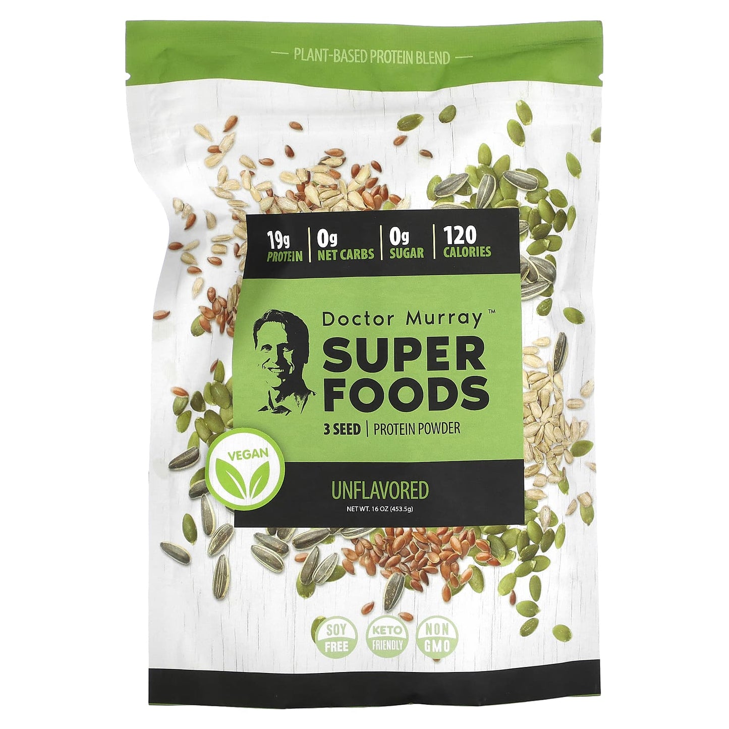 Dr. Murray's-Super Foods-3 Seed ( Pumpkin-Flax-Sunflower ) Vegan Protein Powder-Unflavored-16 oz (453.5 g)