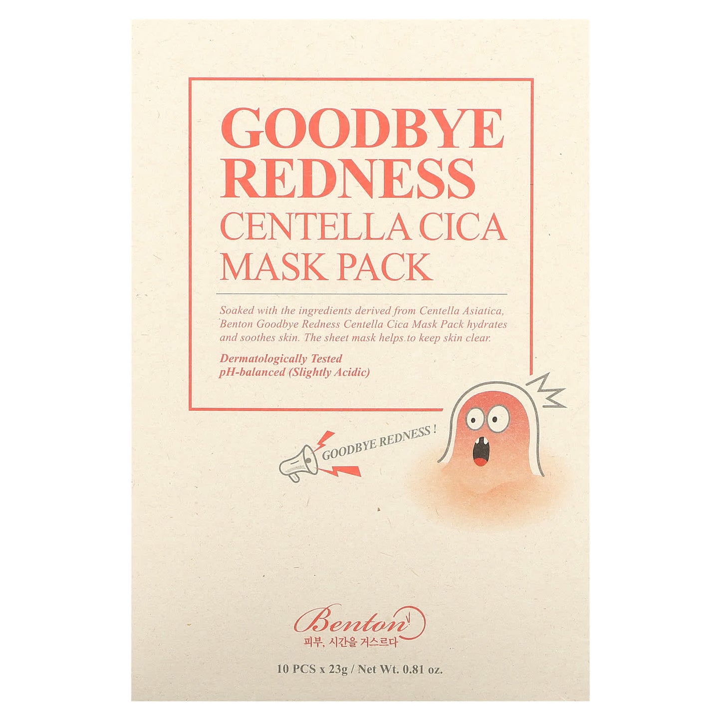 Benton, Goodbye Redness Centella Cica Beauty Mask Pack, 10 Sheets, 0.81 oz (23 g) Each