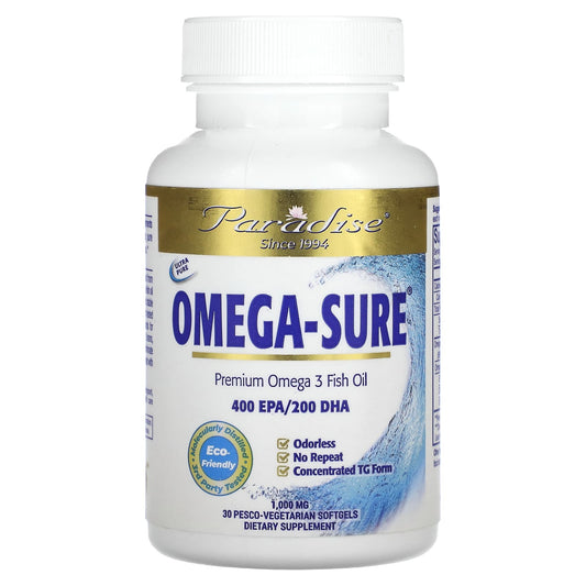 Paradise Herbs-Omega Sure-Premium Omega-3 Fish Oil-1,000 mg-30 Pesco Vegetarian Softgels