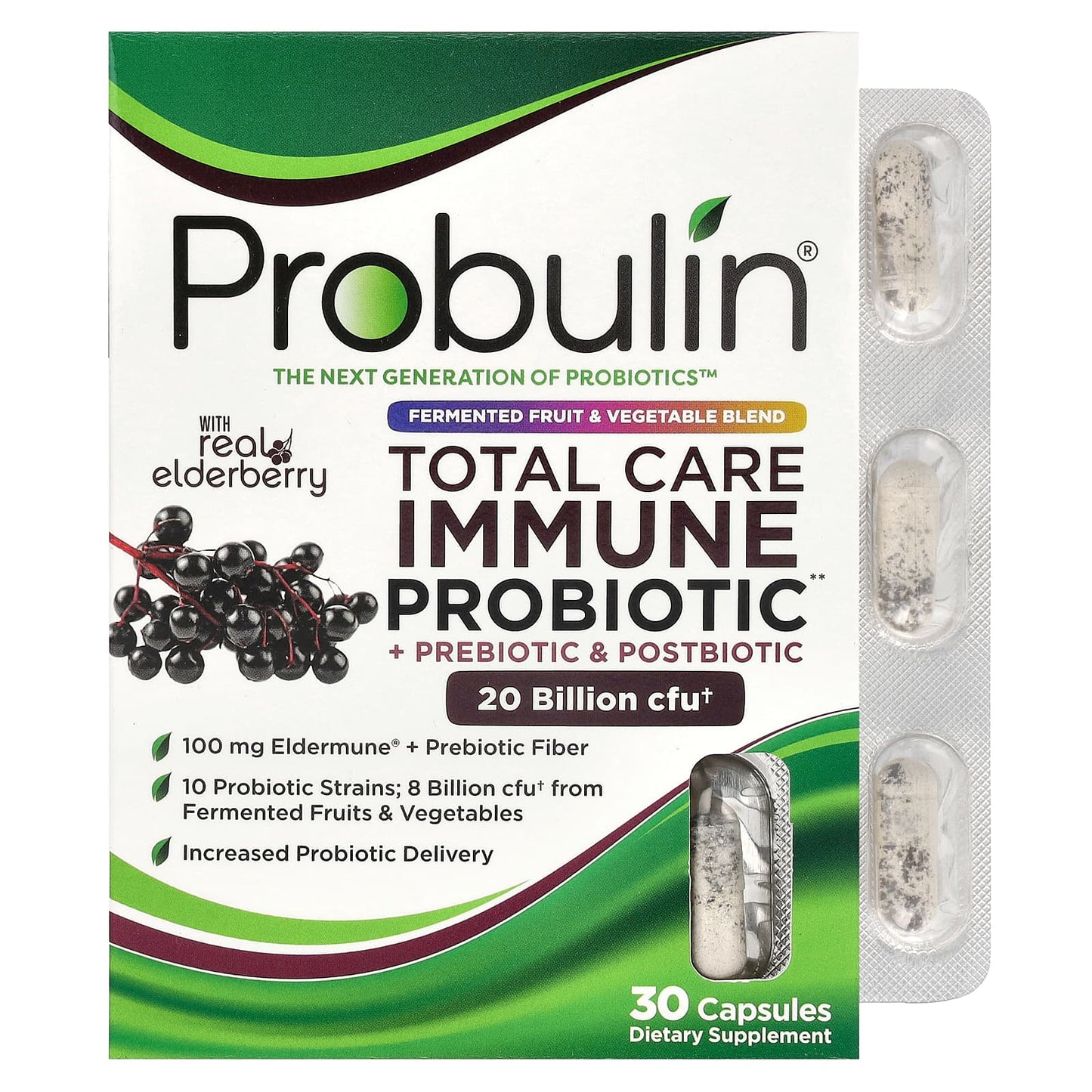 Probulin-Total Care Immune Probiotic + Prebiotic & Postbiotic with Real Elderberry-20 Billion CFU-30 Capsules