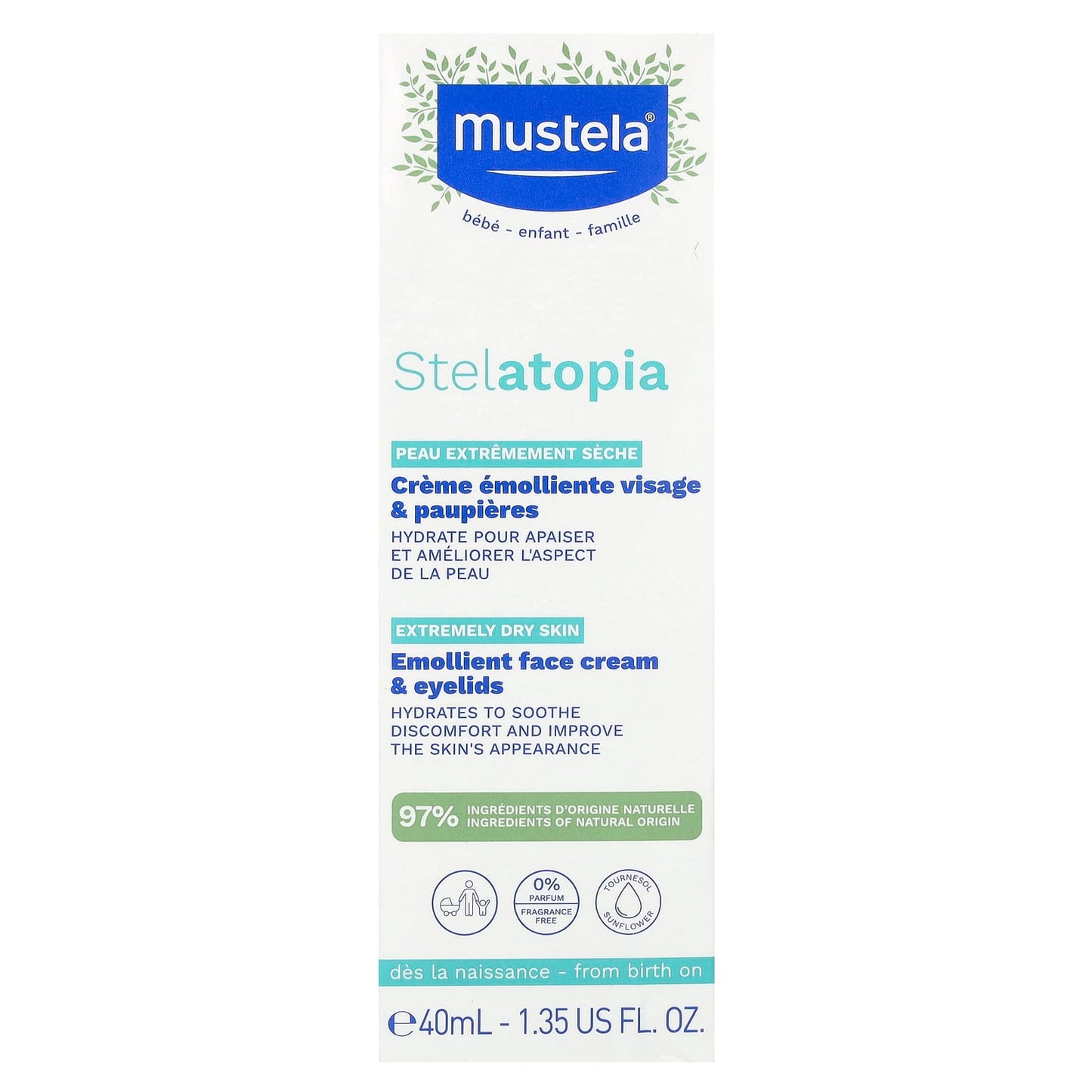 Mustela, Stelatopia Emollient Face Cream & Eyelids, Fragrance Free, 1.35 fl oz (40 ml)