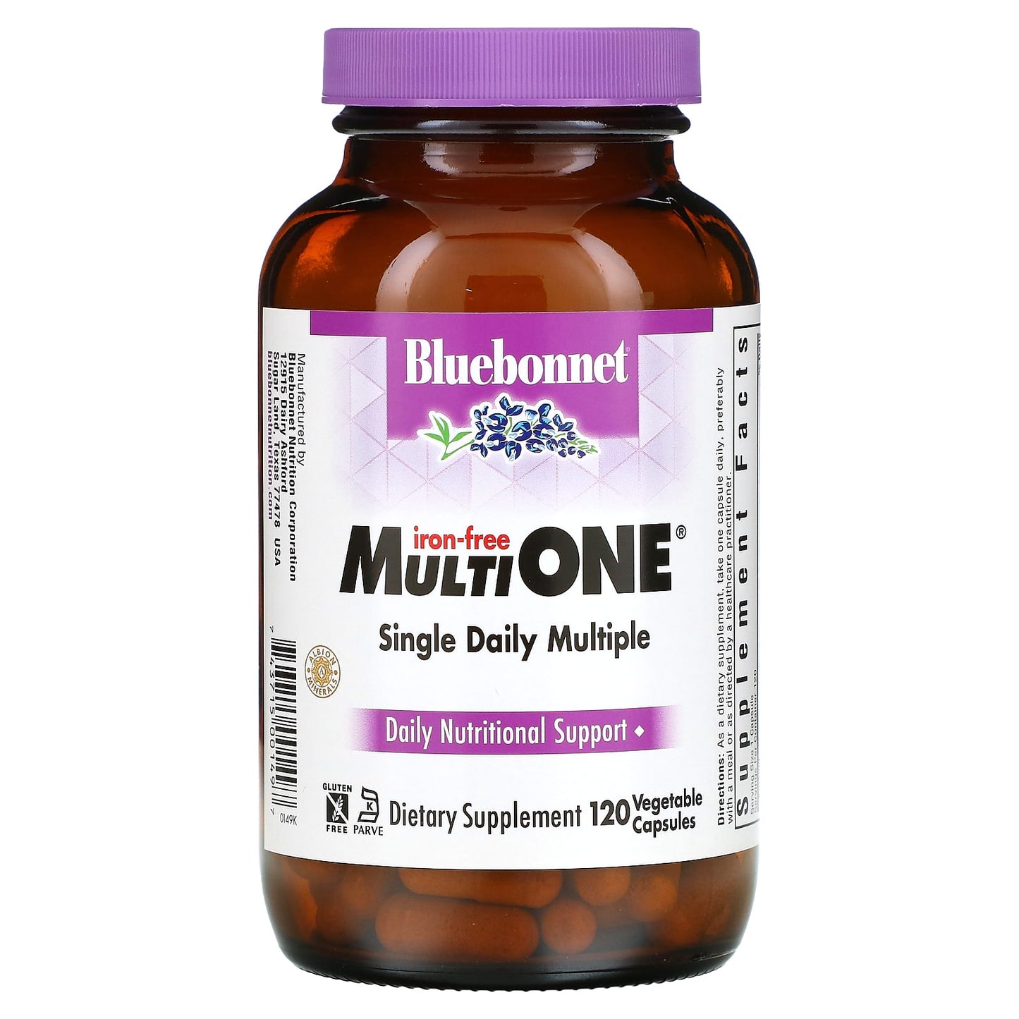 Bluebonnet Nutrition-MultiONE-Single Daily Multiple-Iron-Free-120 Vegetable Capsules