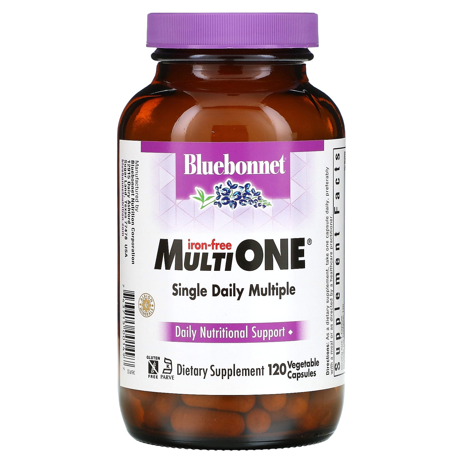 Bluebonnet Nutrition-MultiONE-Single Daily Multiple-Iron-Free-120 Vegetable Capsules