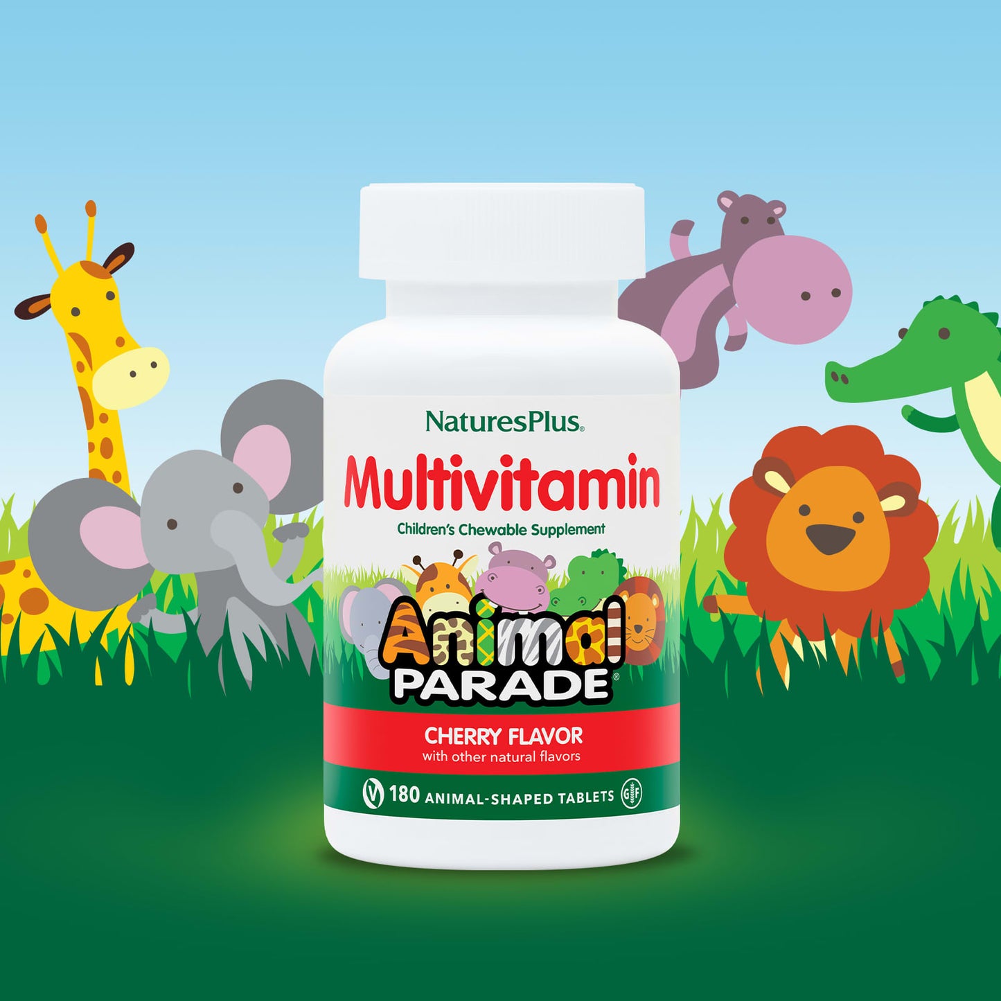 NaturesPlus, Animal Parade, Children's Chewable Multivitamin Supplement, Cherry, 180 Animal-Shaped Tablets