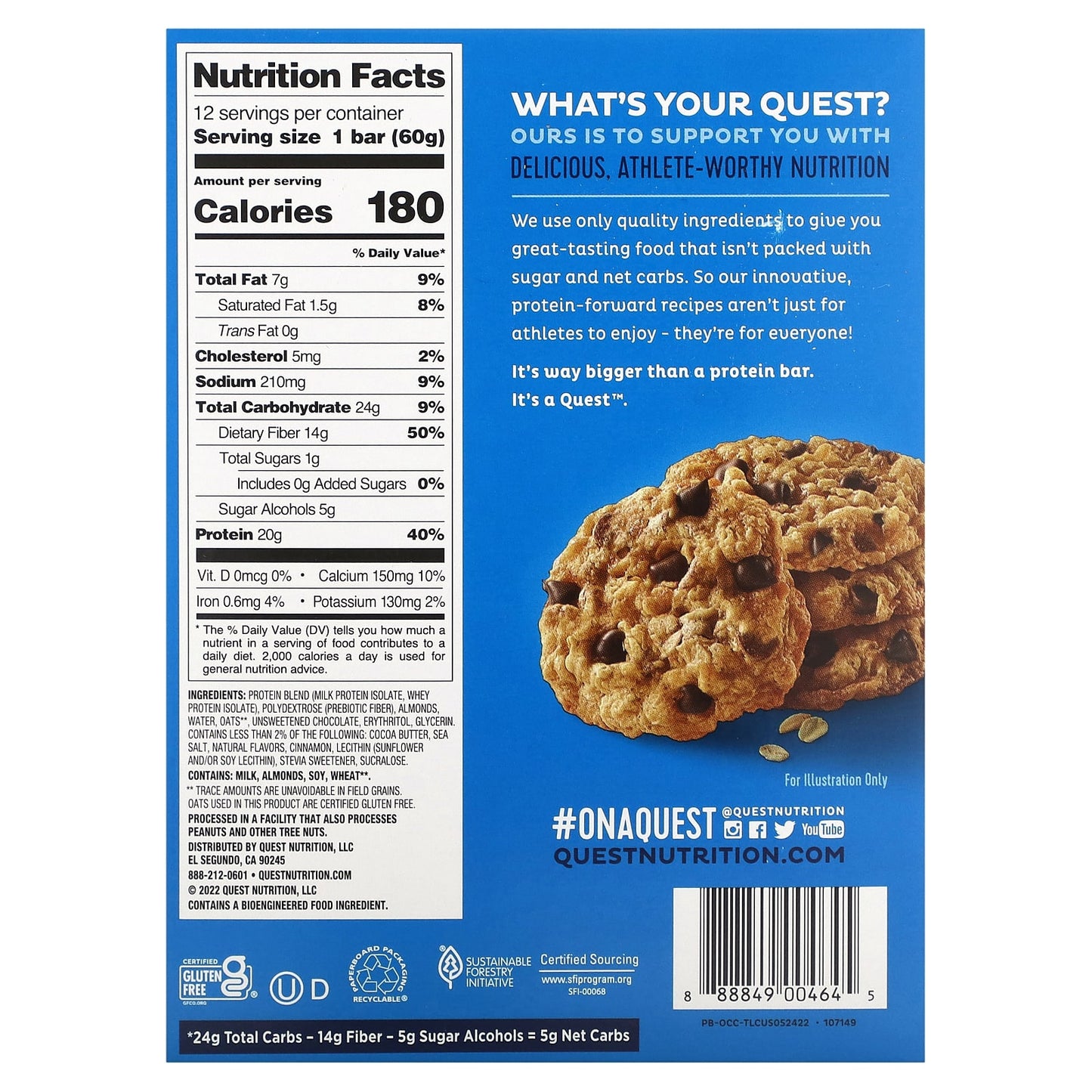 Quest Nutrition, Protein Bar, Oatmeal Chocolate Chip, 12 Bars, 2.12 oz (60 g) Each