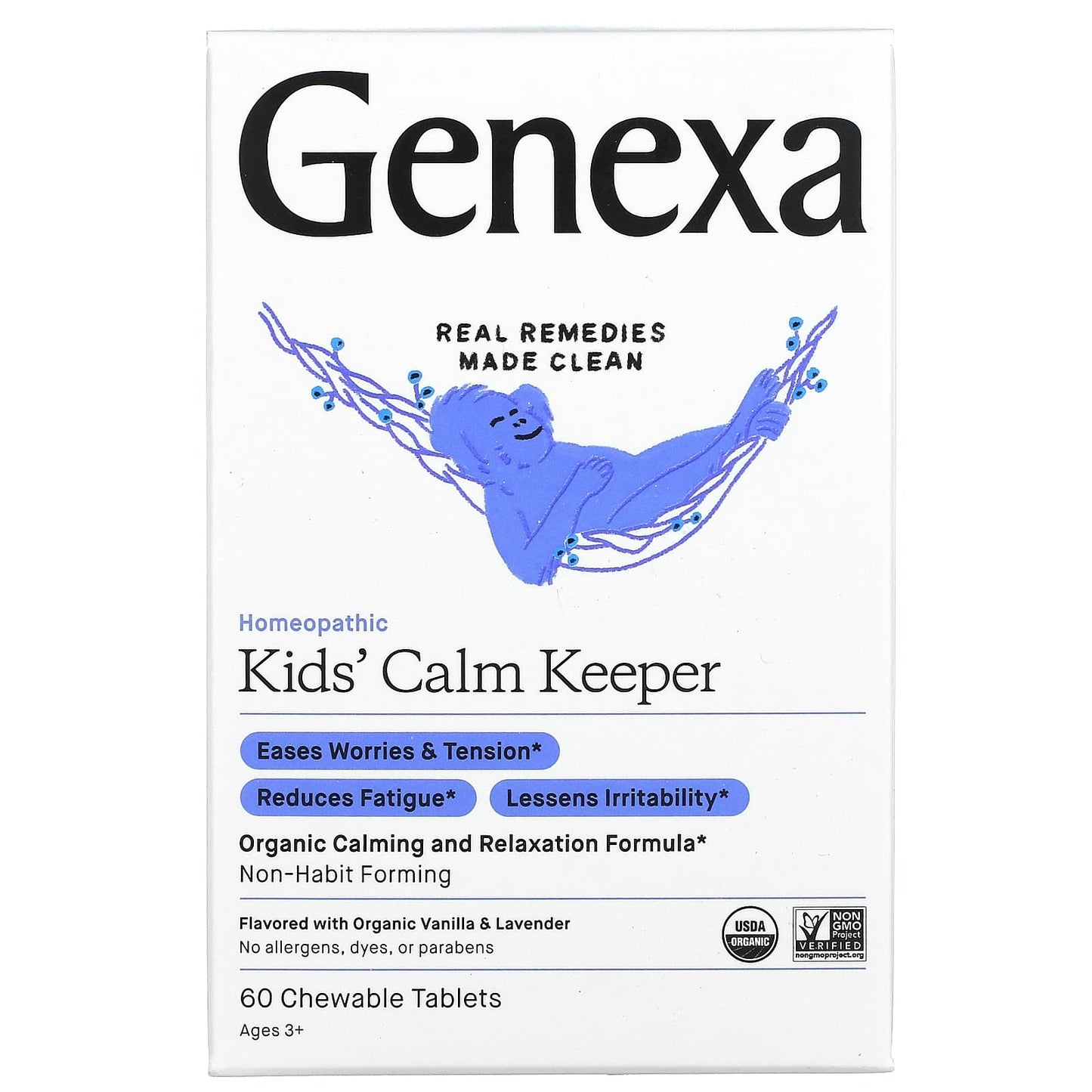 Genexa-Kids´ Calm Keeper-Calming & Relaxation-Ages 3+-Vanilla & Lavender-60 Chewable Tablets