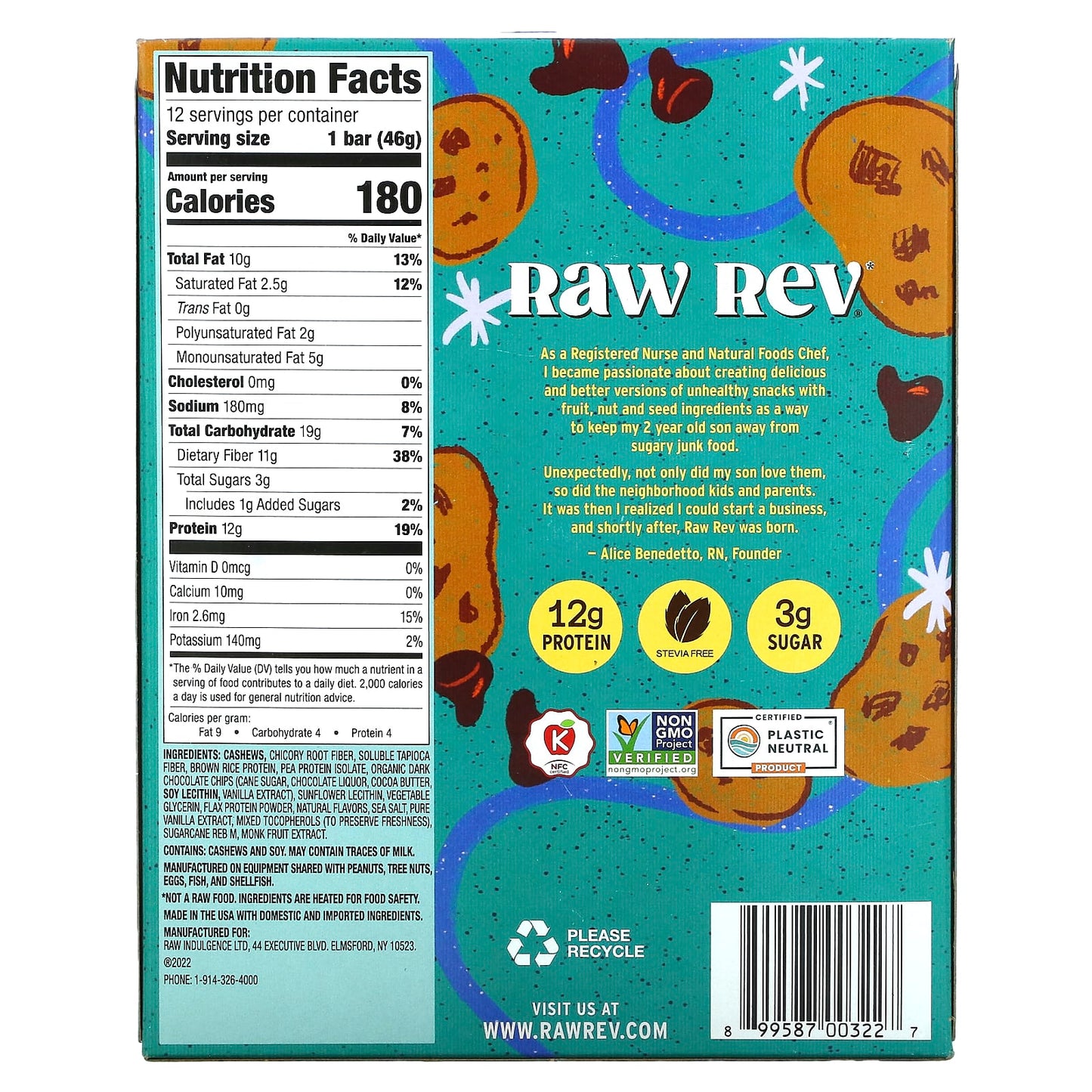 Raw Rev, Plant-Based Protein Bar, Chocolate Chip Cookie Dough, 12 Bars, 1.6 oz (46 g) Each