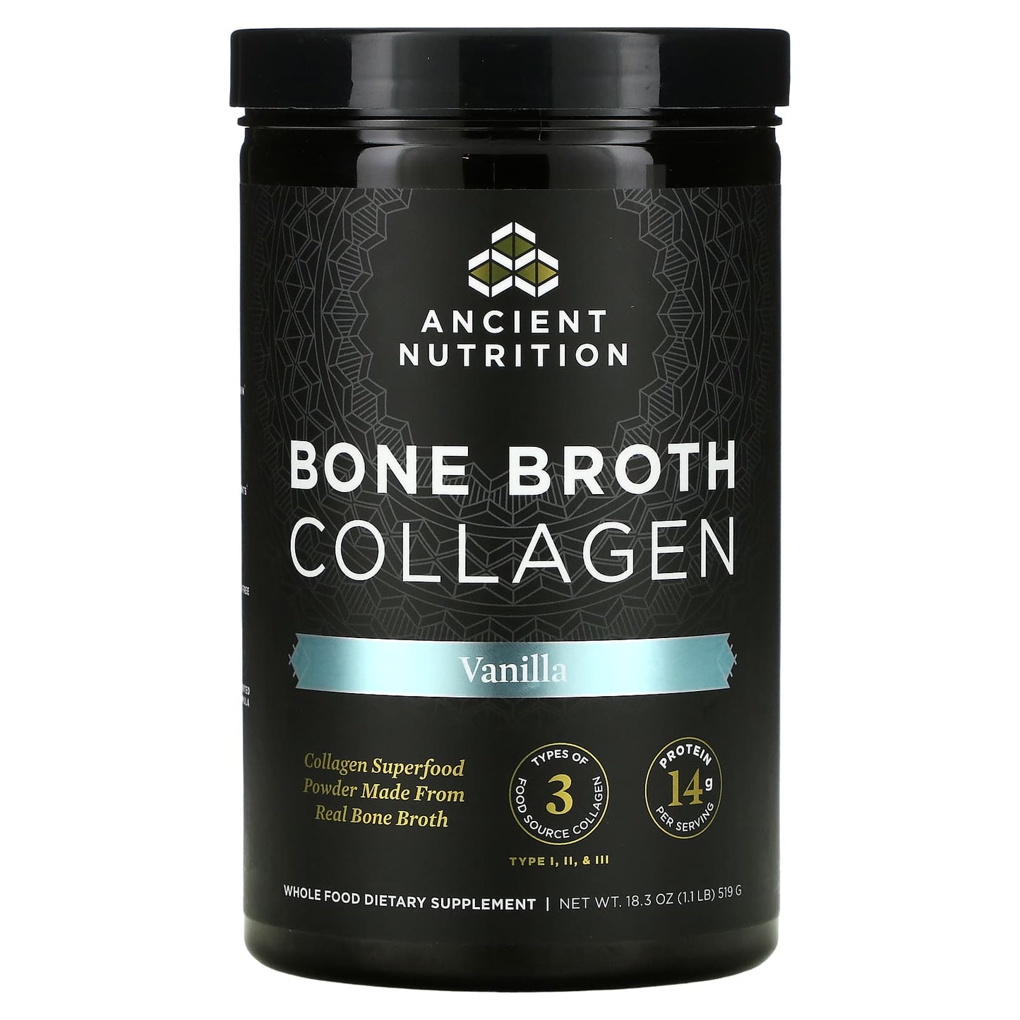 Ancient Nutrition-Bone Broth Collagen-Vanilla-1.1 lbs (519 g)