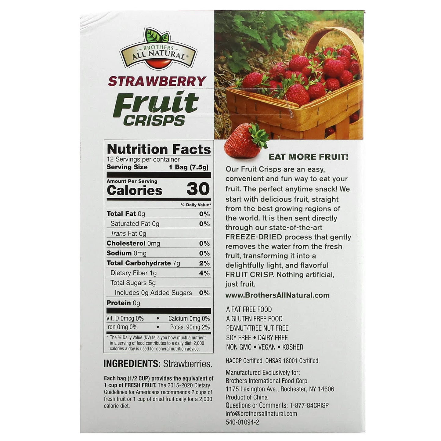 Brothers-All-Natural, Freeze Dried Fruit Crisps, Strawberry , 12 Single-Serve Bags, 0.26 oz (7.5 g) Each