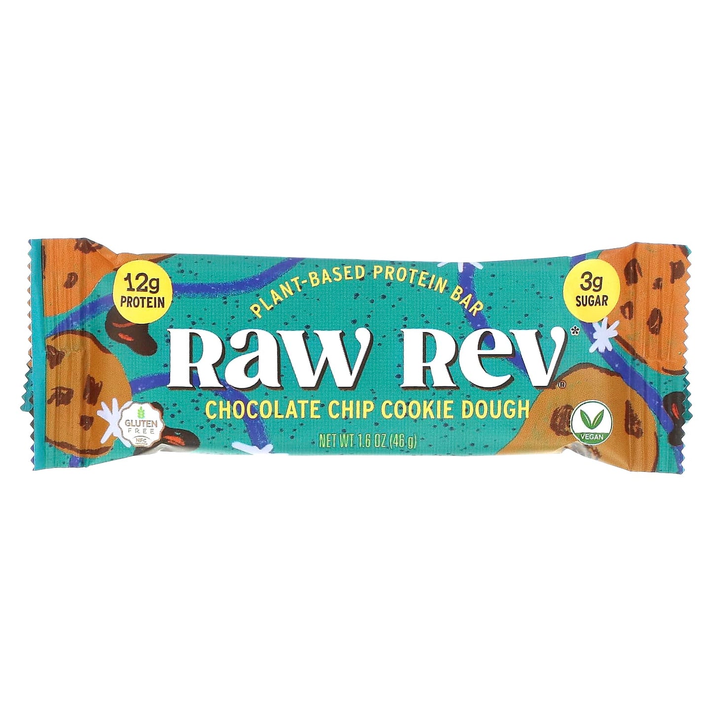 Raw Rev, Plant-Based Protein Bar, Chocolate Chip Cookie Dough, 12 Bars, 1.6 oz (46 g) Each