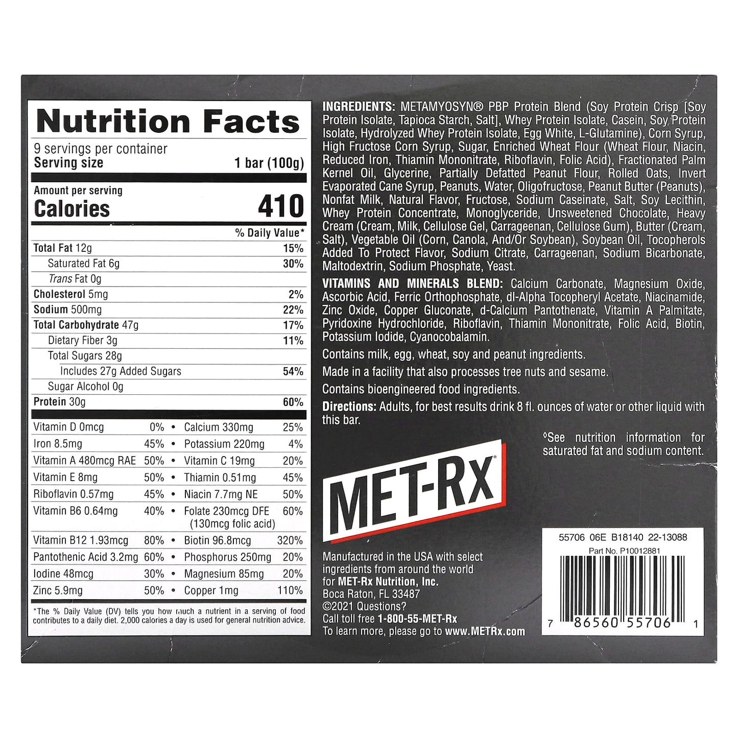 MET-Rx, Big 100, Meal Replacement Bar, Peanut Butter Pretzel, 9 Bars, 3.52 oz (100 g) Each