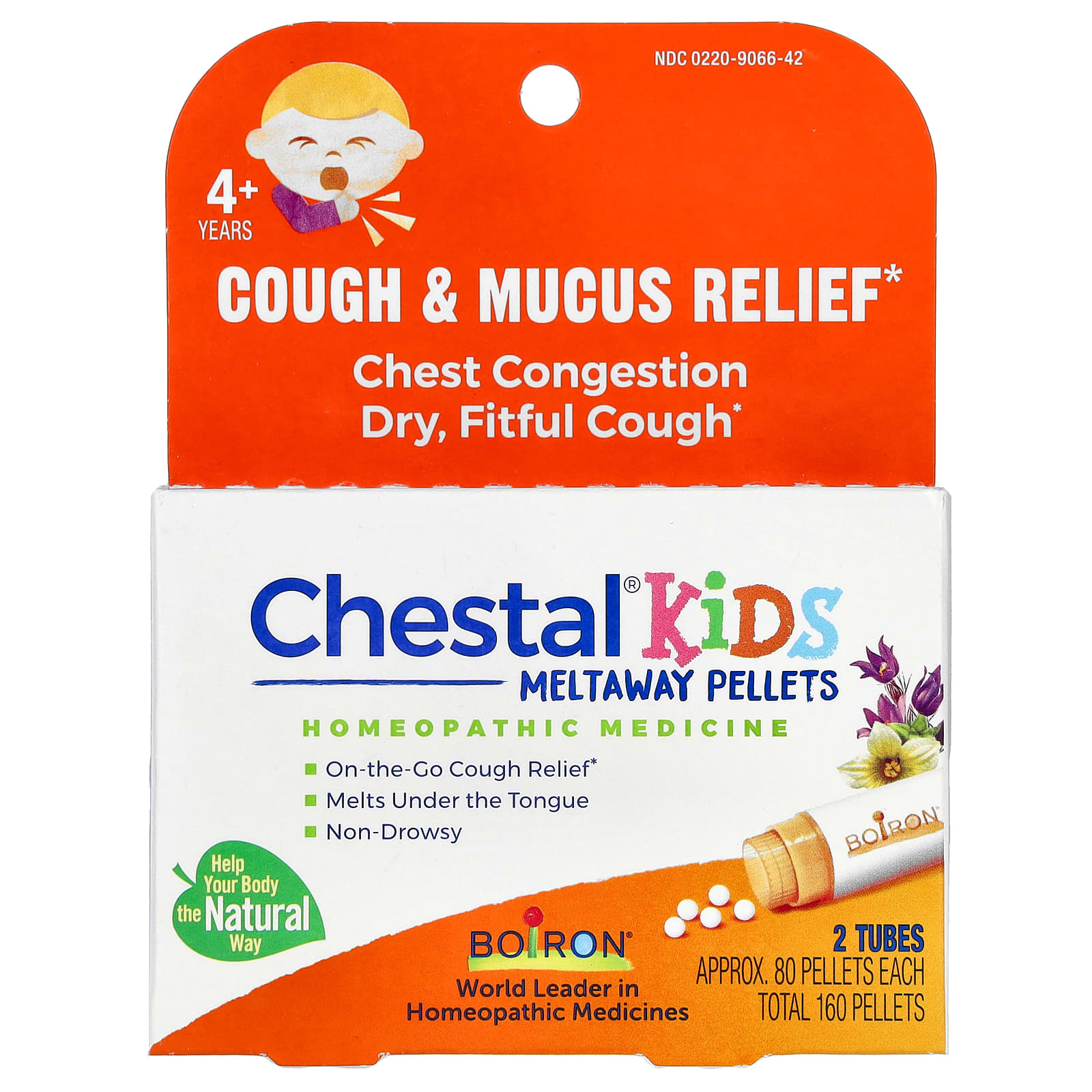 Boiron-Chestal Kids Meltaway Pellets-Cough & Mucus Relief-4+ Years-2 Tubes-Approx. 80 Pellets Each