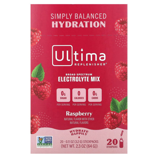 Ultima Replenisher-Electrolyte Mix-Raspberry-20 Packets-0.11 oz (3.2 g) Each