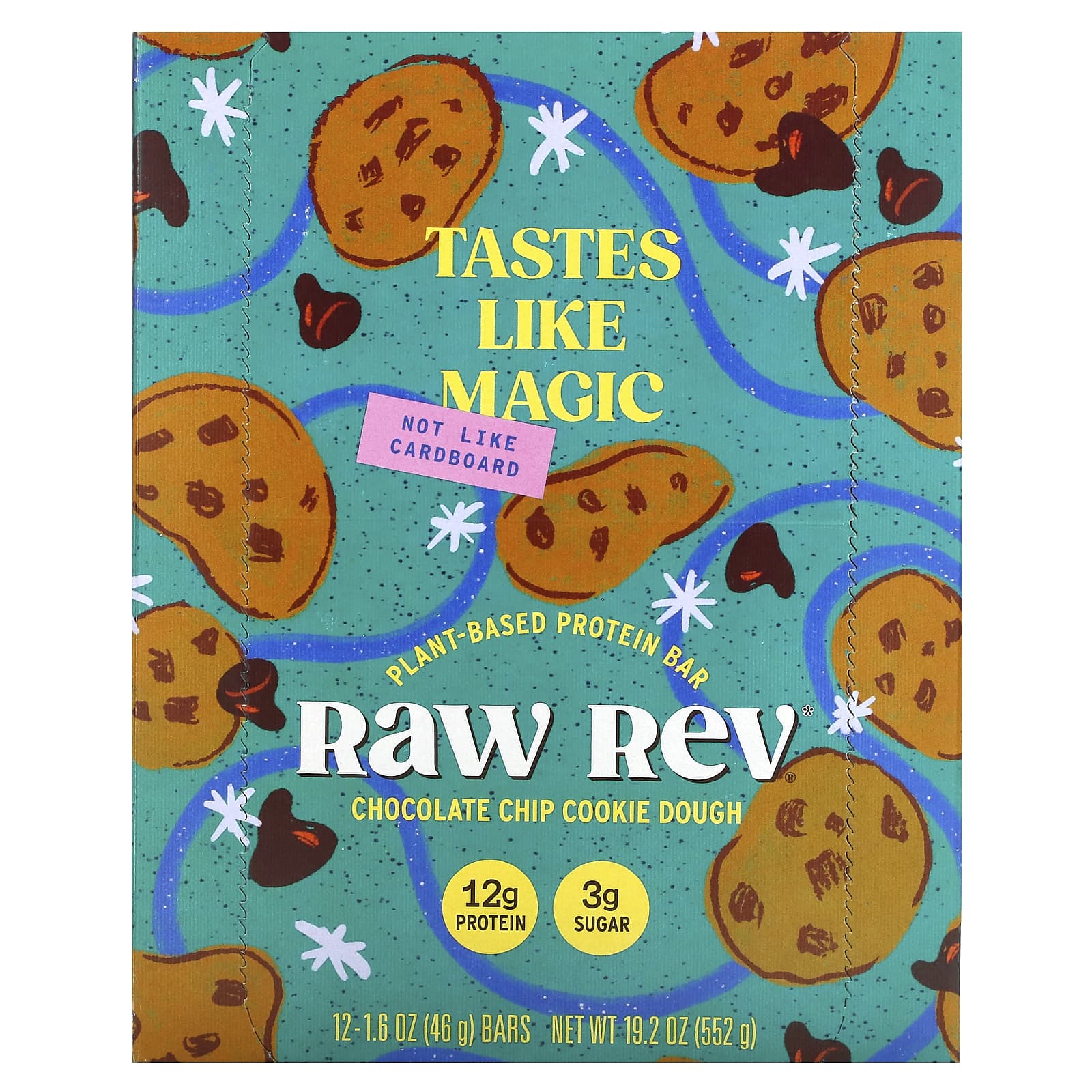 Raw Rev-Plant-Based Protein Bar-Chocolate Chip Cookie Dough-12 Bars-1.6 oz (46 g) Each