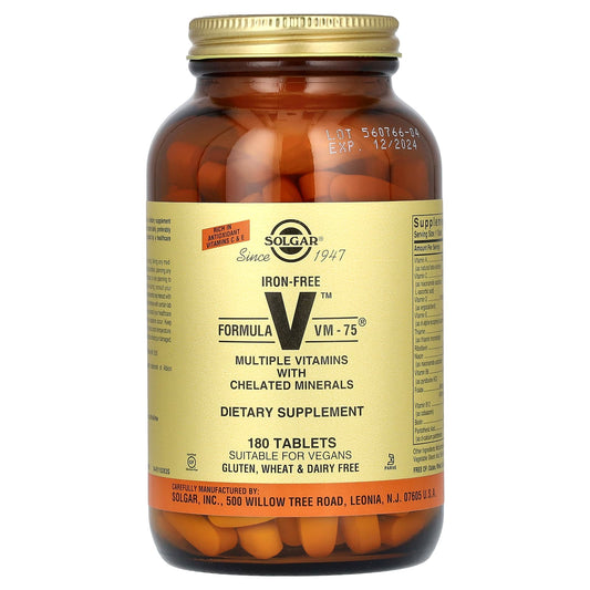 Solgar-Formula V VM-75-Multiple Vitamins with Chelated Minerals-Iron Free-180 Tablets