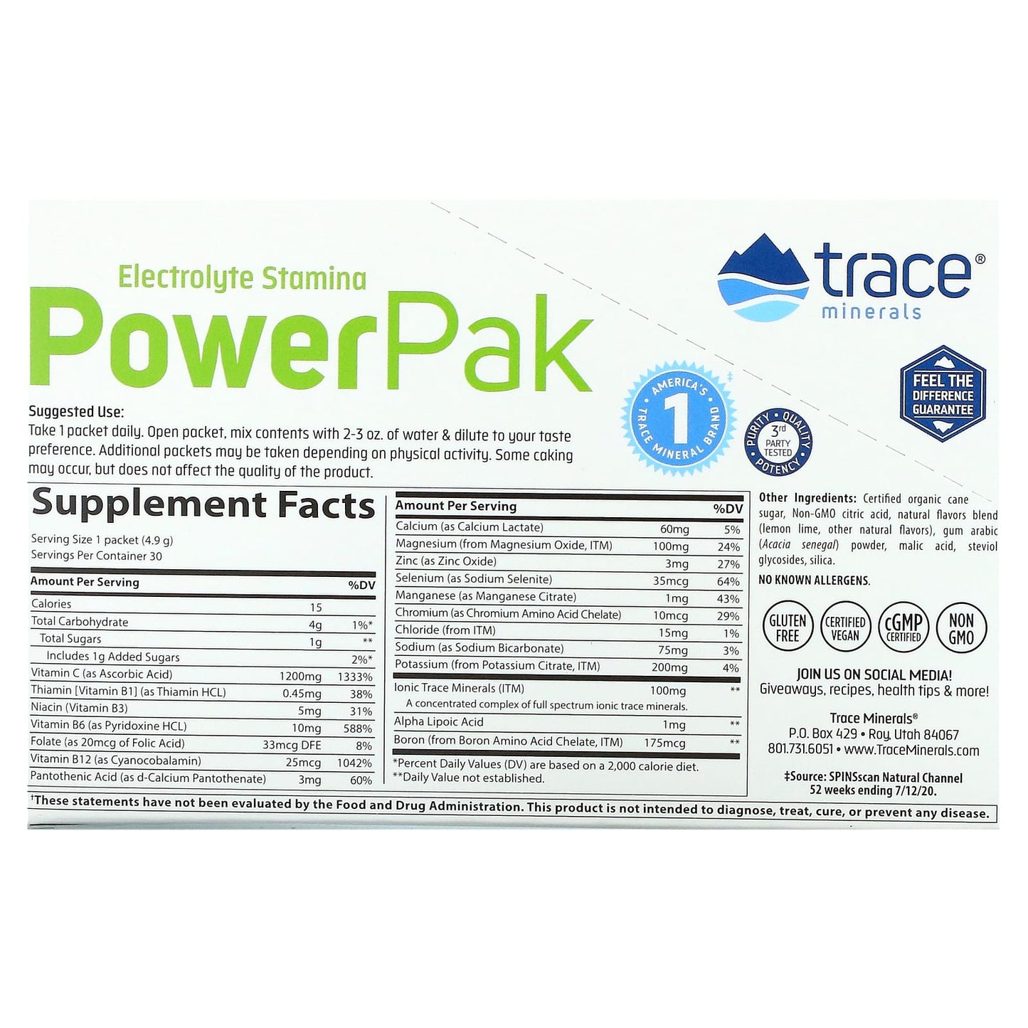 Trace Minerals ®, Electrolyte Stamina PowerPak, Lemon Lime, 30 Packets, 0.17 oz (4.9 g) Each