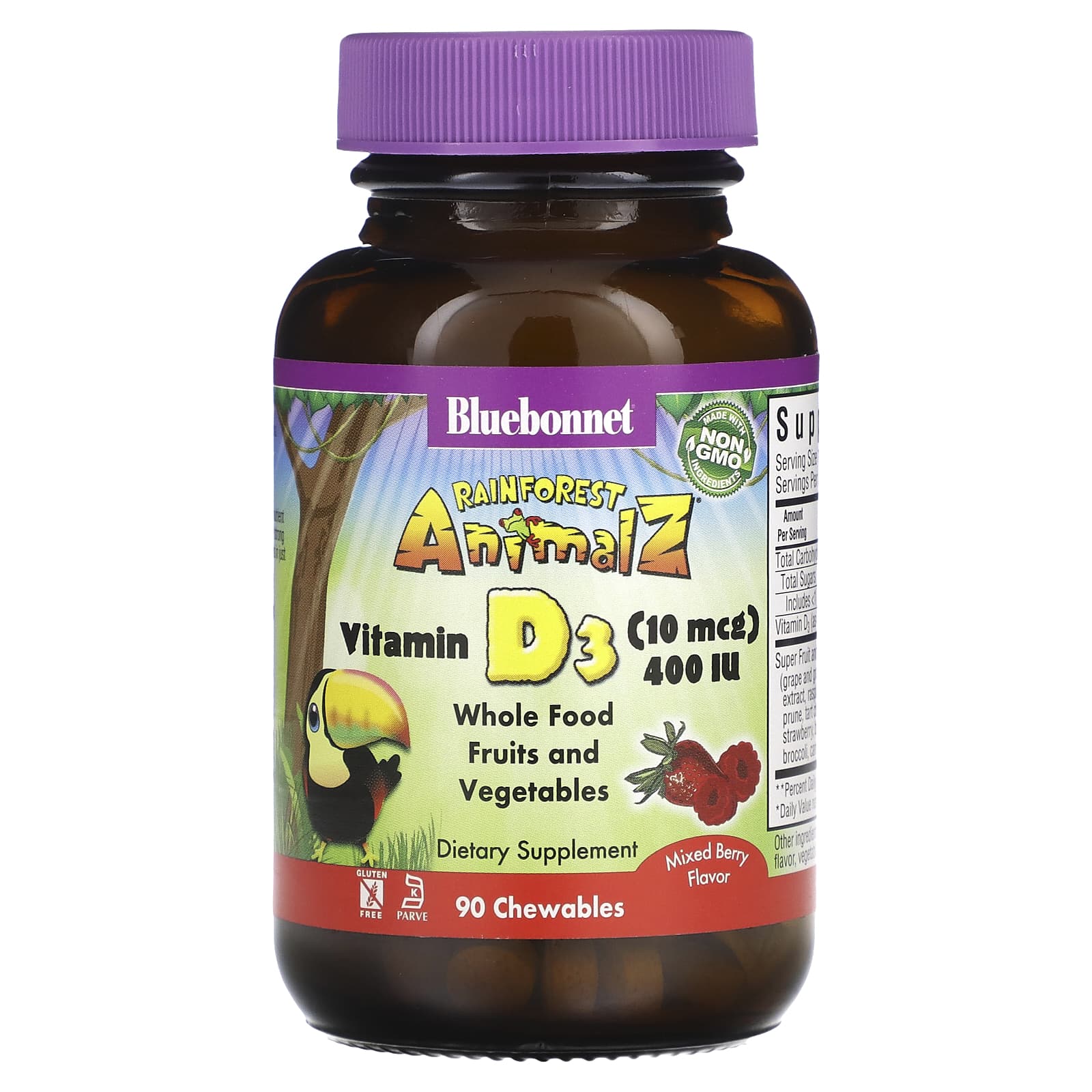 Bluebonnet Nutrition-Rainforest Animalz-Vitamin D3-Mixed Berry -400 IU-90 Chewables