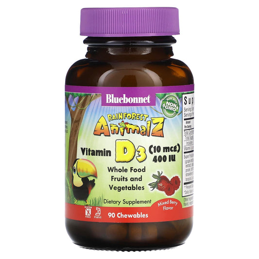 Bluebonnet Nutrition-Rainforest Animalz-Vitamin D3-Mixed Berry -400 IU-90 Chewables