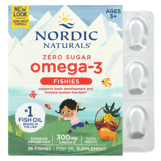 Nordic Naturals-Omega-3 Fishies-Zero Sugar-Ages 3+-Tutti Frutti-300 mg-36 Fishies