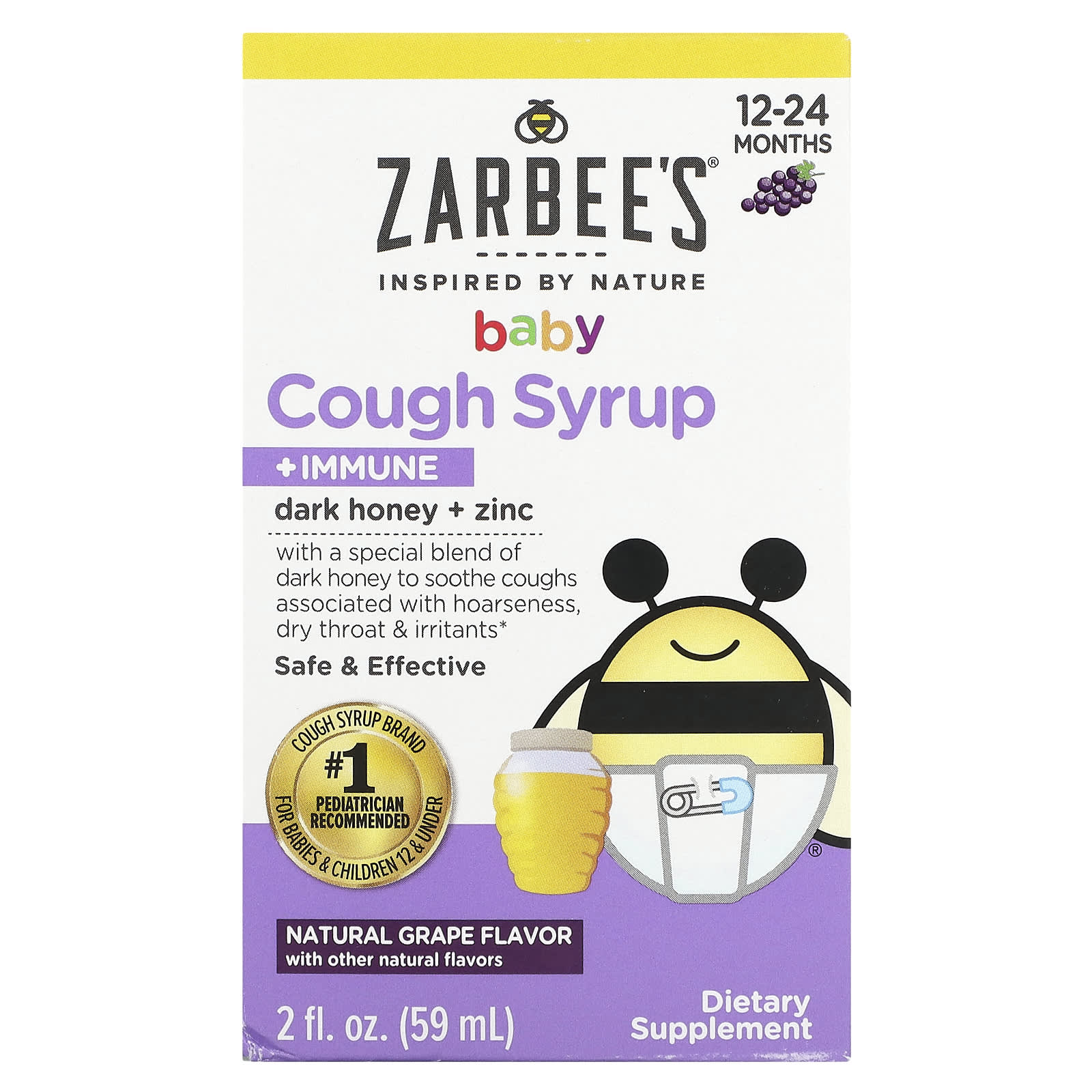 Zarbee's-Baby Cough Syrup + Immune-12-24 Months-Natural Grape-2 fl oz (59 ml)