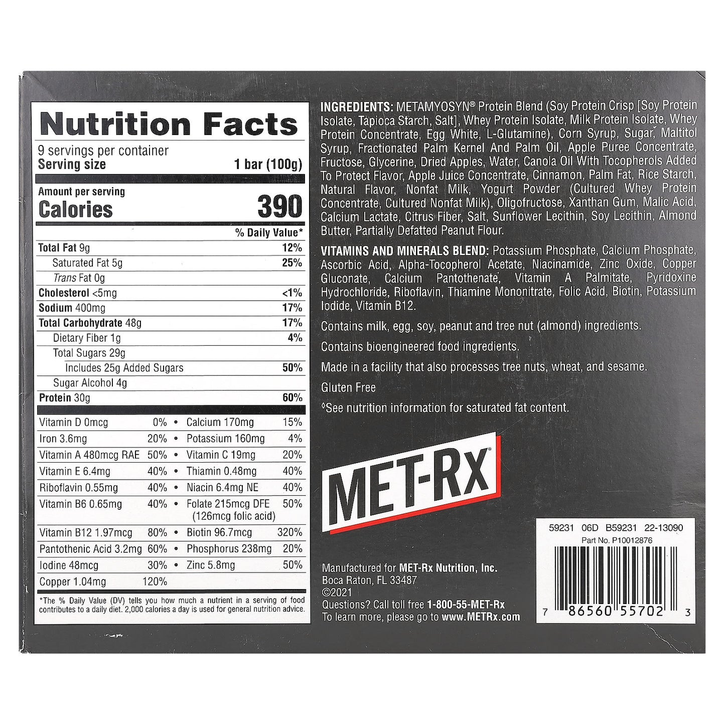 MET-Rx, Big 100, Meal Replacement Bar, Crispy Apple Pie, 9 Bars, 3.52 oz (100 g) Each