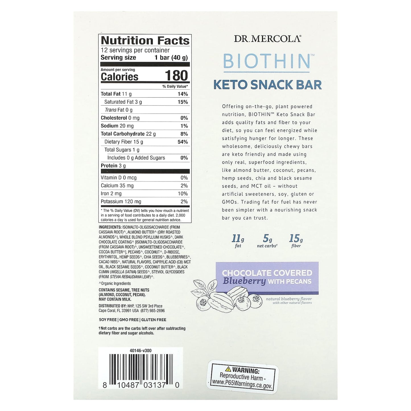 Dr. Mercola, Biothin, Keto Snack Bar, Chocolate Covered Blueberry with Pecans, 12 Bars, 1.41 oz (40 g) Each