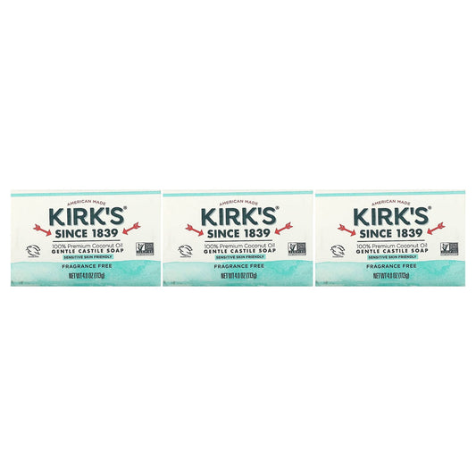 Kirk's-100% Premium Coconut Oil Gentle Castile Soap-Fragrance Free-3 Bars-4 oz (113 g) Each