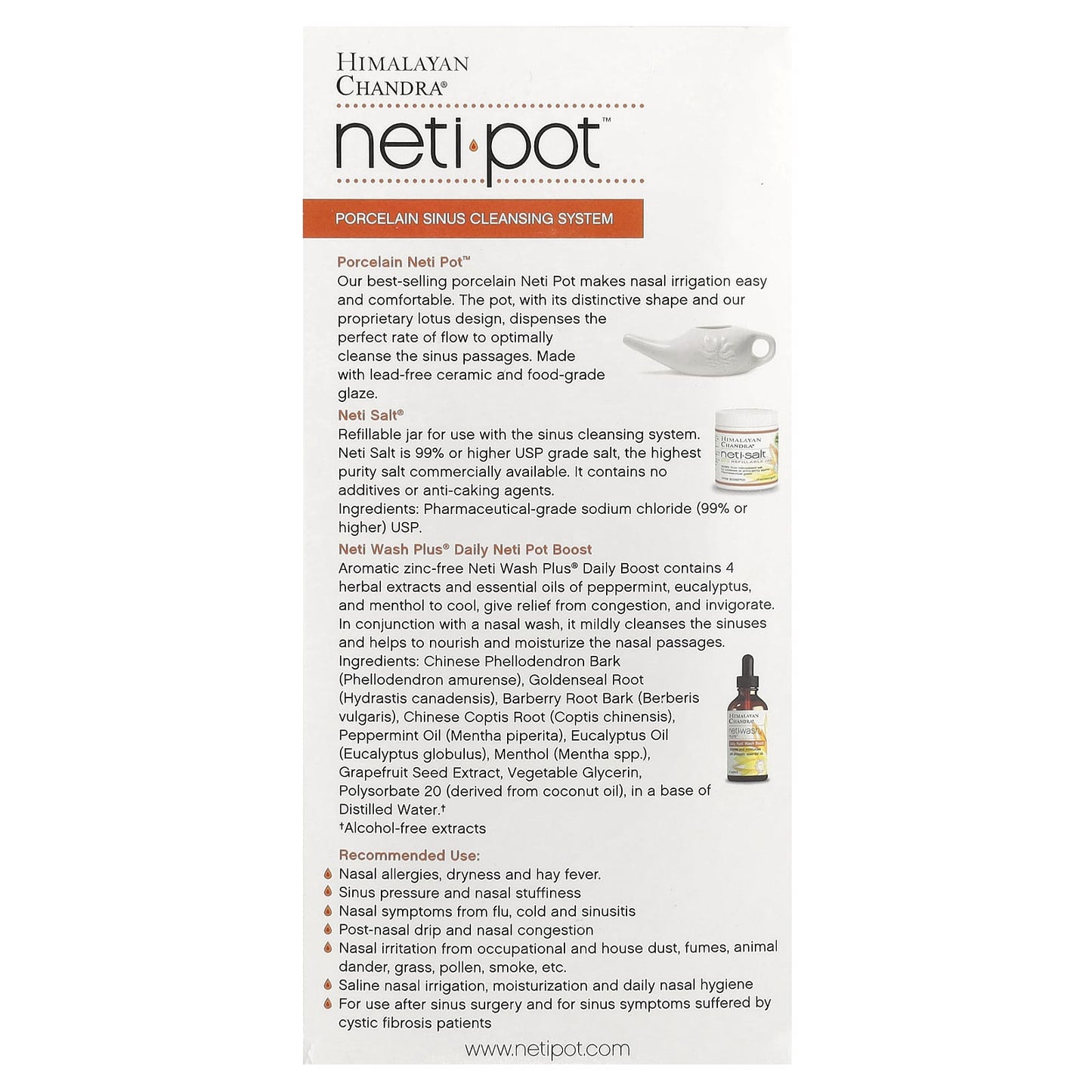 Himalayan Chandra, Neti Pot, Porcelain Sinus Cleansing System, 3 Piece Kit