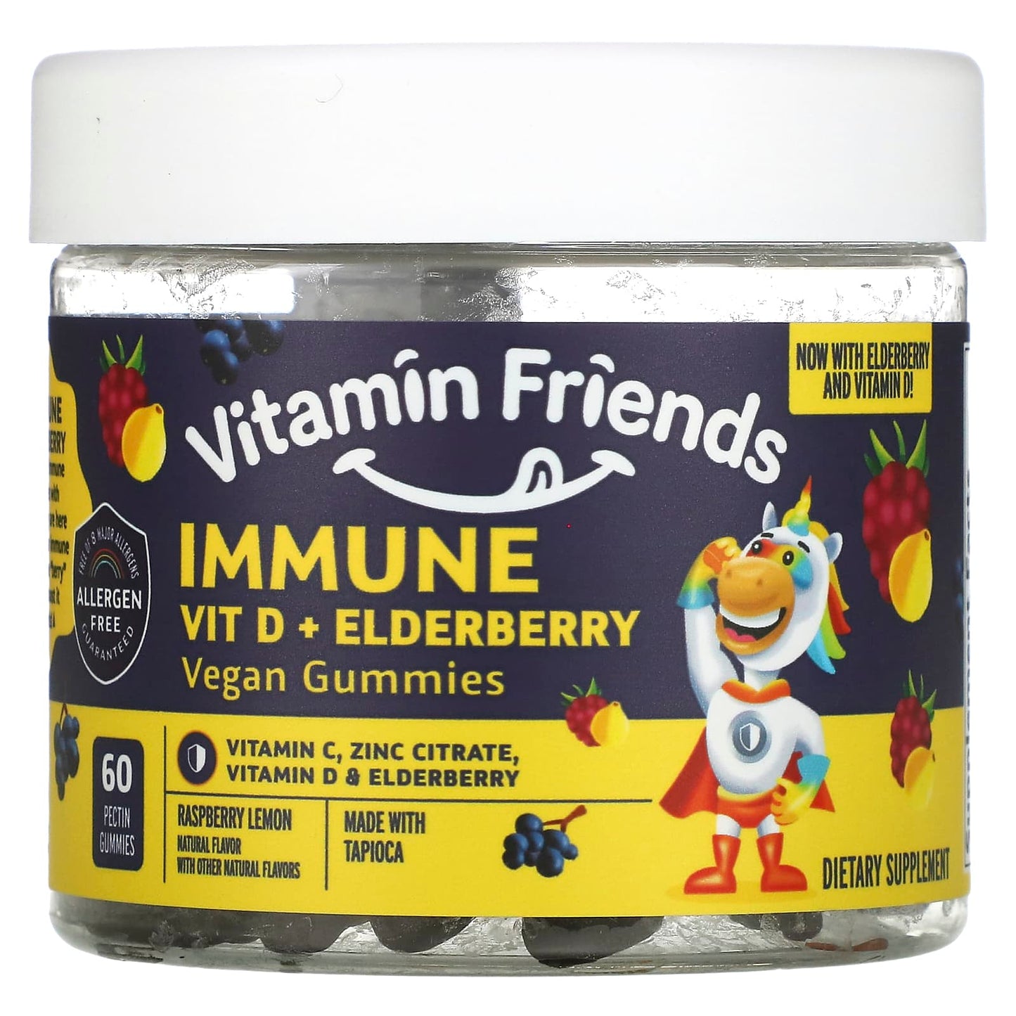 Vitamin Friends-Immune Vit D + Elderberry-Raspberry-60 Pectin Gummies