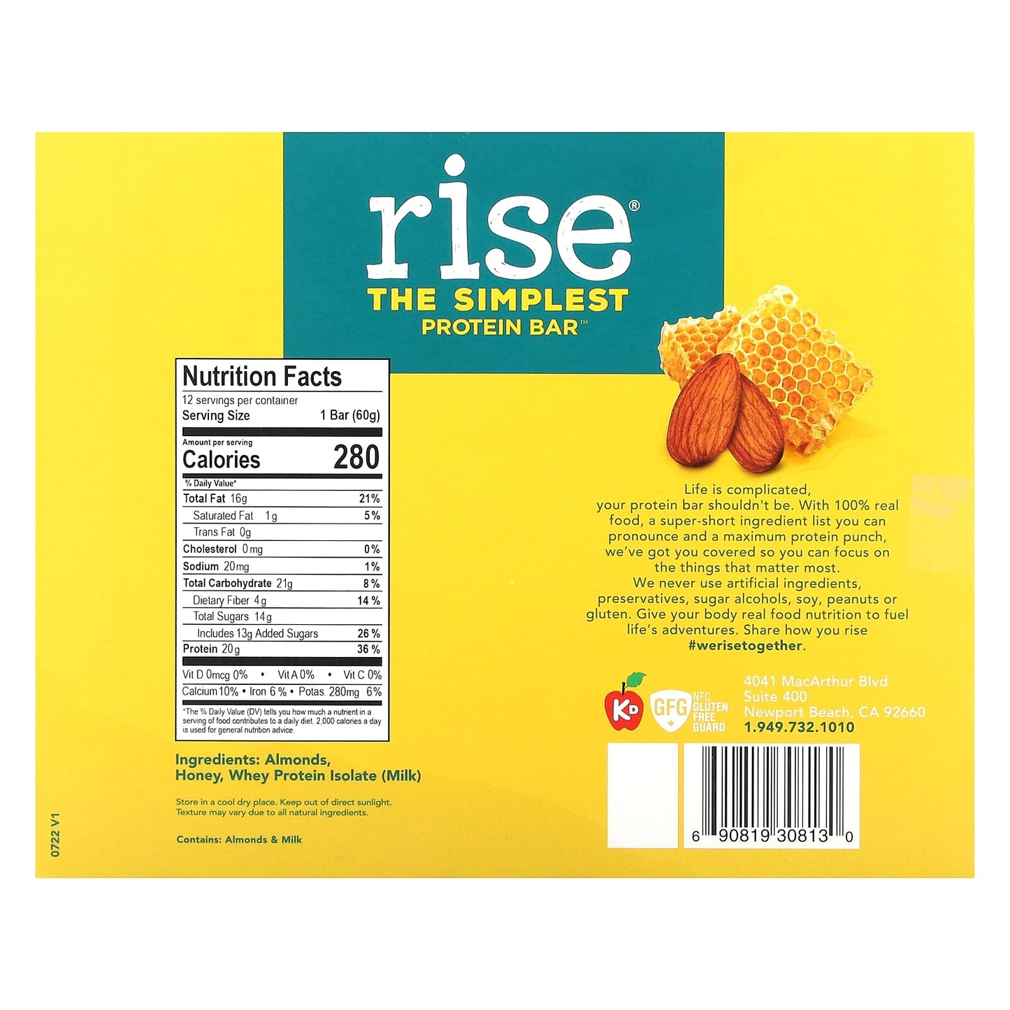 Rise Bar, The Simplest Protein Bar, Almond Honey, 12 Bars, 2.1 oz (60 g) Each