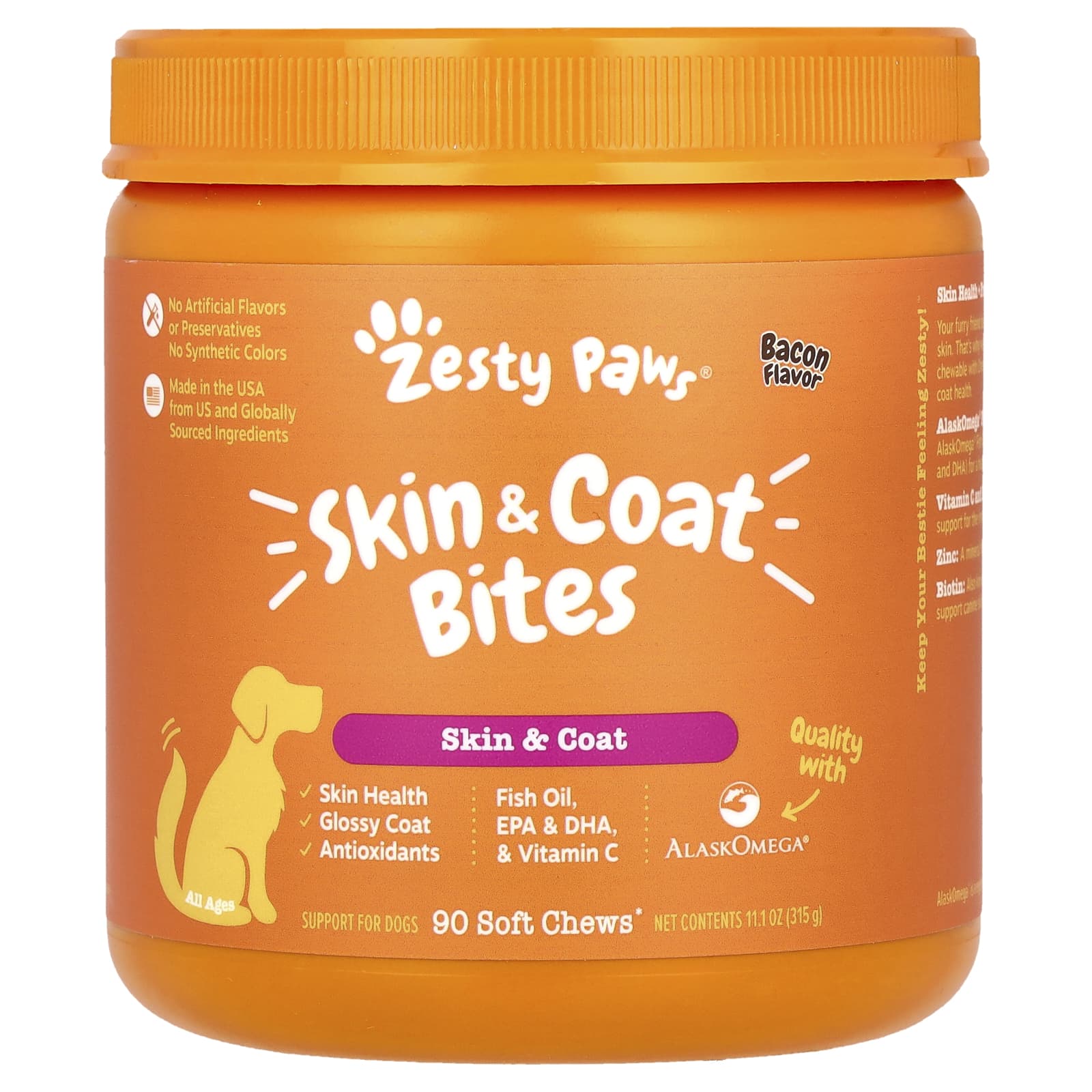 Zesty Paws-Skin & Coat Bites-For Dogs-All Ages-Bacon-90 Soft Chews-11.1 oz (315 g)