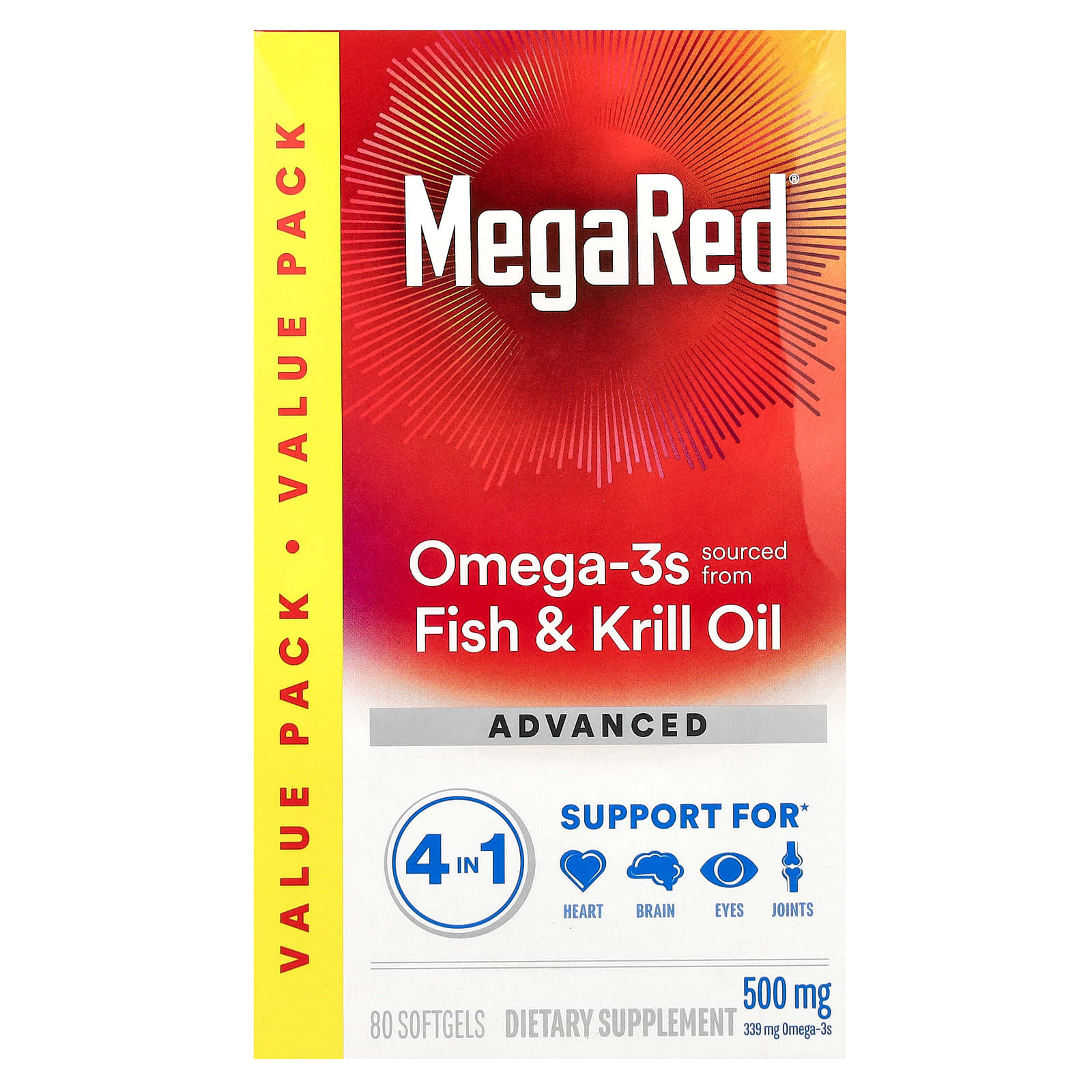 Schiff-MegaRed-Omega-3s Fish & Krill Oil-Advanced 4in1-Vanilla-500 mg-80 Softgels