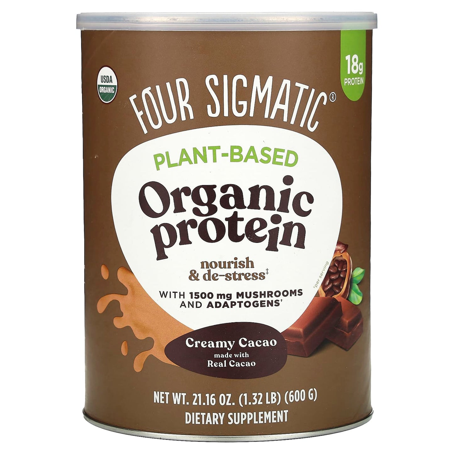 Four Sigmatic-Plant-Based Organic Protein with Mushrooms & Adaptogens-Creamy Cacao-1.32 lbs (600 g)