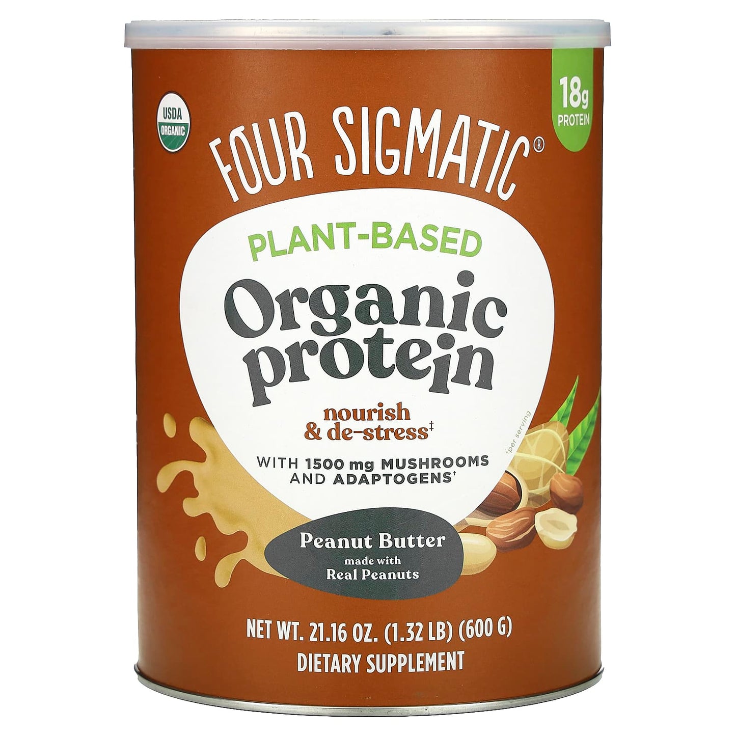 Four Sigmatic-Plant-Based Organic Protein with Mushrooms & Adaptogens-Peanut Butter-1.32 lbs (600 g)