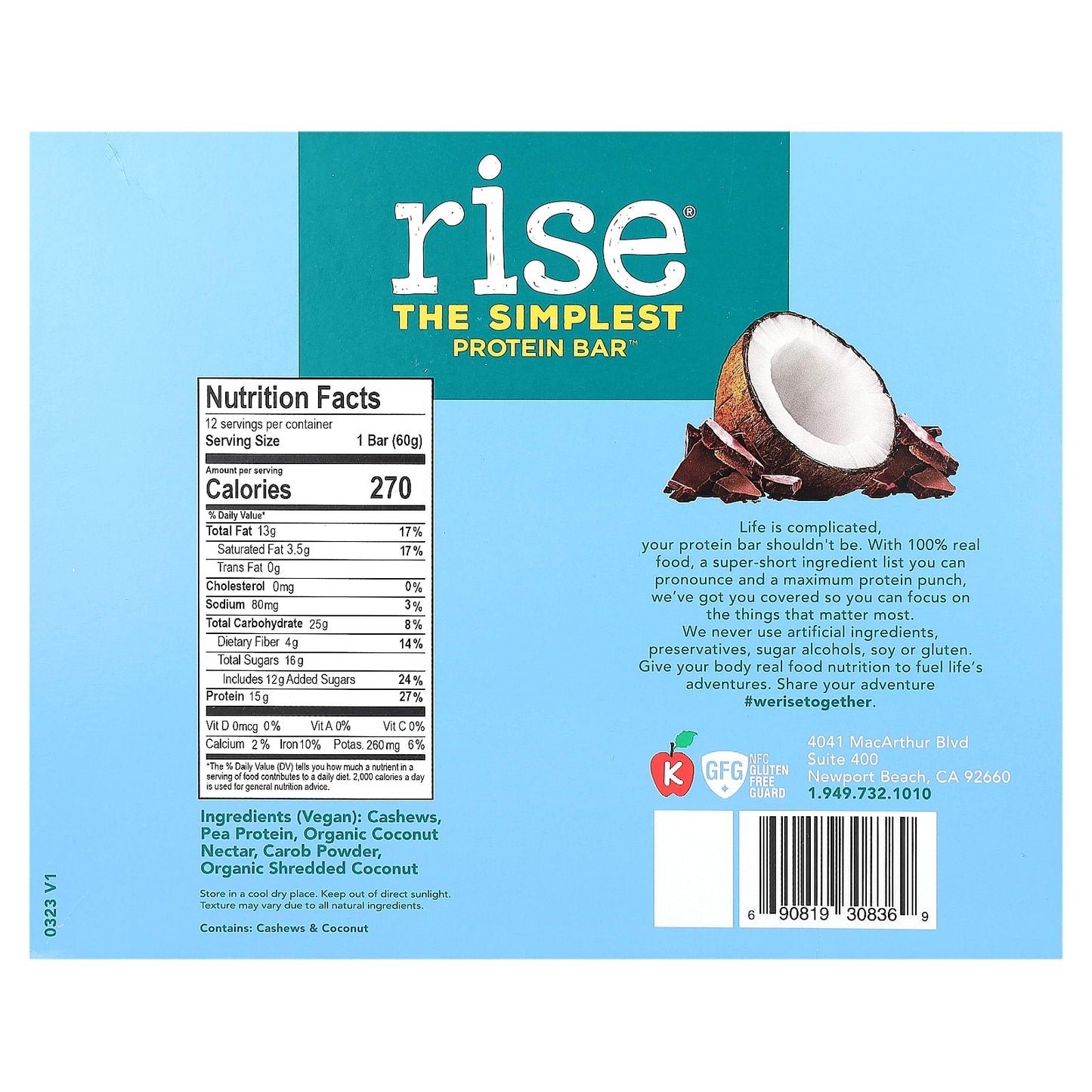 Rise Bar, The Simplest Protein Bar, Chocolatey Coconut, 12 Bars, 2.1 oz (60 g) Each