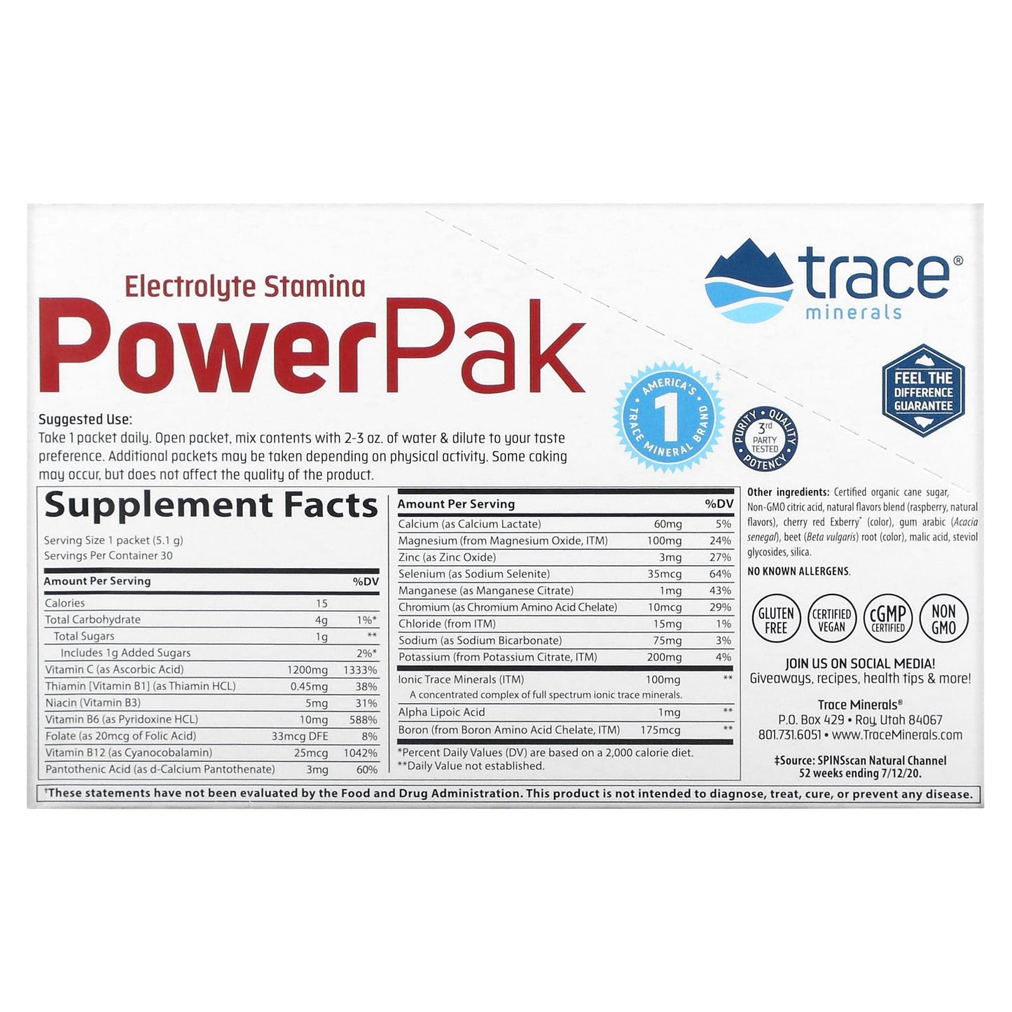 Trace Minerals ®, Electrolyte Stamina PowerPak, Raspberry, 30 Packets, 0.18 oz (5.1 g) Each