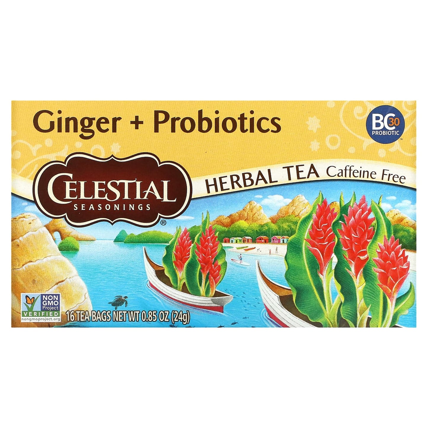 Celestial Seasonings-Herbal Tea-Ginger + Probiotics-Caffeine Free-16 Tea Bags-0.85 oz (24 g)