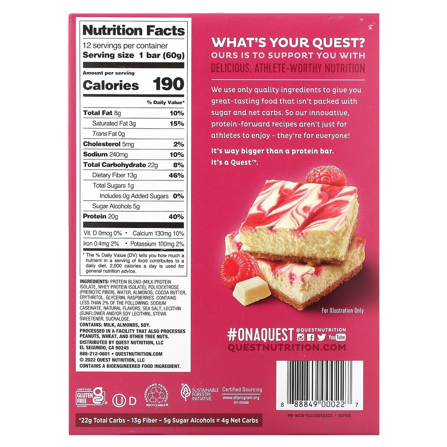 Quest Nutrition, Protein Bar, White Chocolate Raspberry, 12 Bars, 2.12 oz (60 g) Each