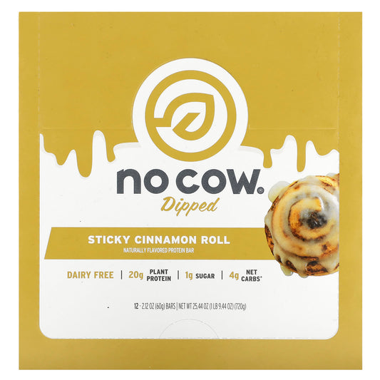 No Cow-Dipped Protein Bar-Sticky Cinnamon Roll-12 Bars-2.12 oz (60 g) Each