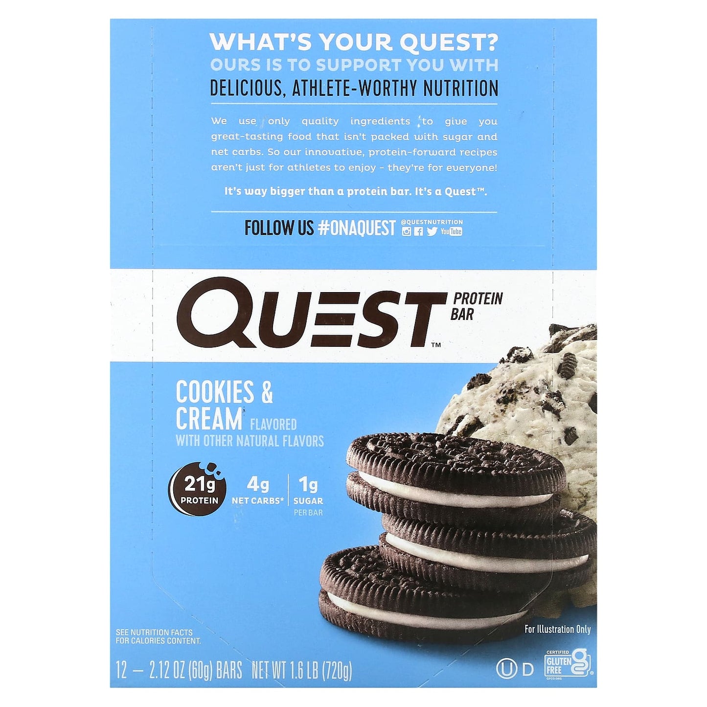 Quest Nutrition-Protein Bar-Cookies & Cream-12 Bars-2.12 oz (60 g) Each