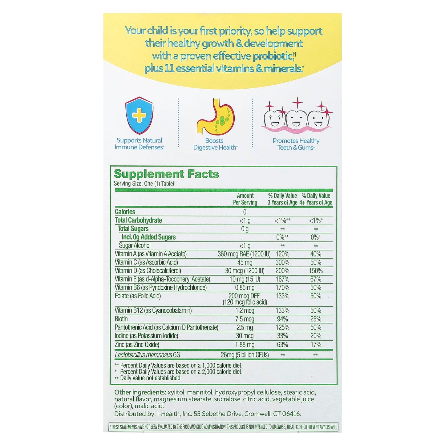 Culturelle, Kids, Probiotic + Multivitamin Chewables, 3 Years +, Natural Fruit Punch, 30 Chewable Tablets