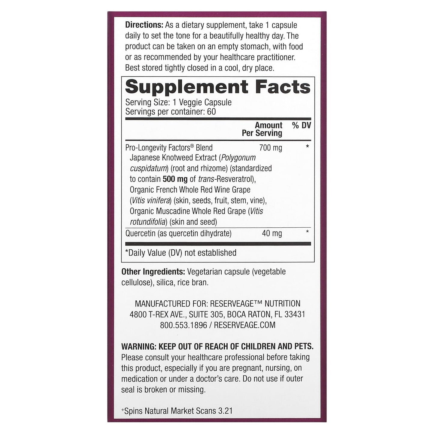 Reserveage Nutrition, Resveratrol, Trans-Resveratrol, 500 mg, 60 Veggie Capsules