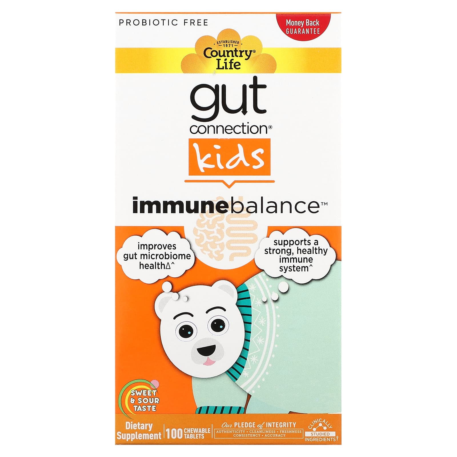 Country Life-Gut Connection Kids-Immune Balance-Sweet & Sour-100 Chewable Tablets