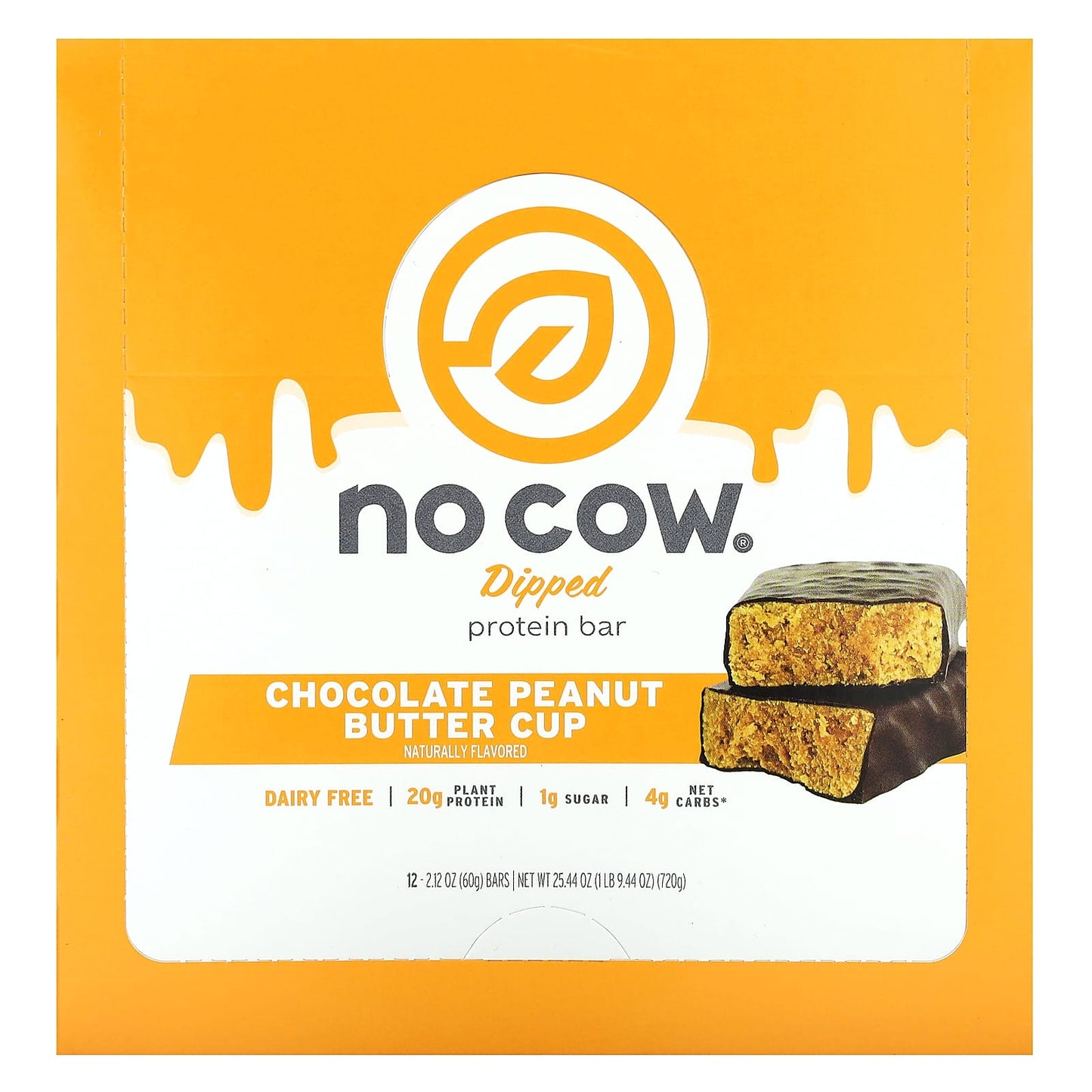 No Cow-Dipped Protein Bar-Chocolate Peanut Butter Cup-12 Bars-2.12 oz (60 g) Each