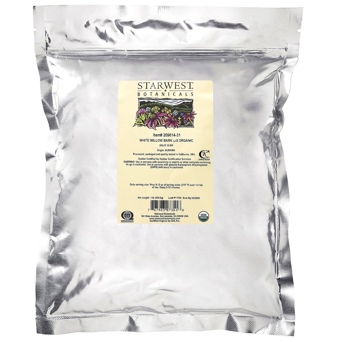 Starwest Botanicals, Organic White Willow Bark, Cut & Shifted, 1 lb (453.6 g)