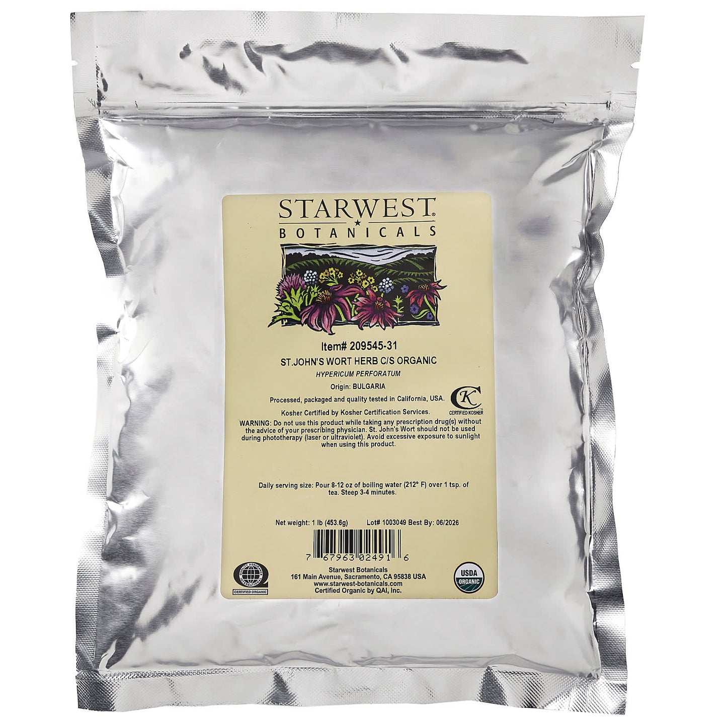 Starwest Botanicals, Organic St. John's Wort Herb, Cut & Shifted, 1 lb (453.6 g)