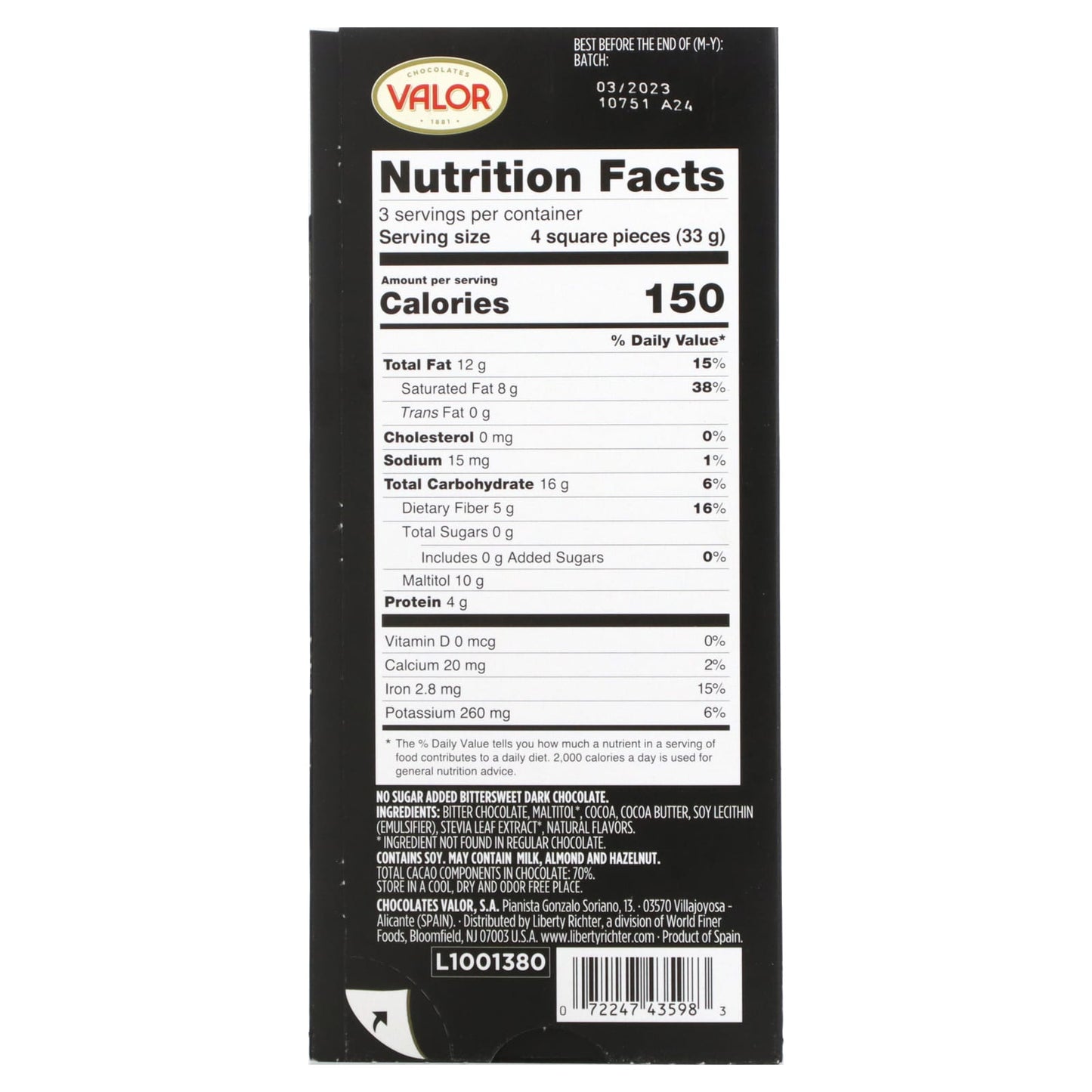 Valor, 0% Sugar Added, 70% Cocoa Dark Chocolate, 3.5 oz (100 g)