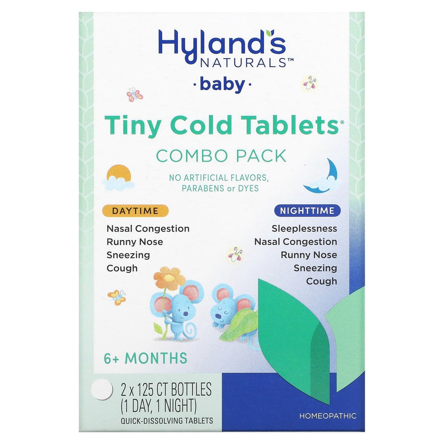 Hyland's Naturals-Baby-Tiny Cold Tablets Combo Pack-Daytime/Nighttime-6+ Months-2 Bottles-125 Quick-Dissolving Tablets Each