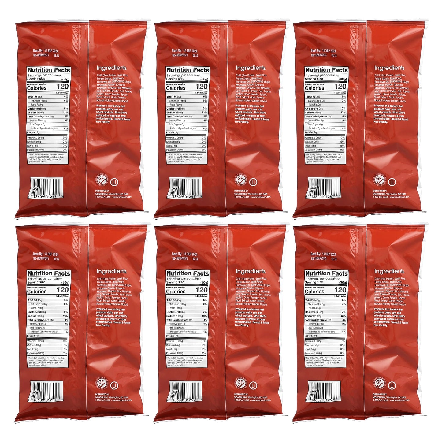 WonderSlim, Pea Protein Chips, Hickory BBQ, 6 Bags, 1 oz (30 g) Each