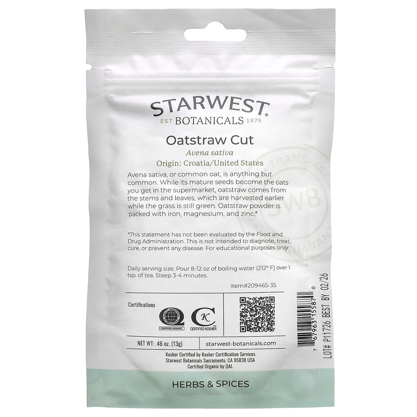 Starwest Botanicals, Organic Oatstraw Cut, 0.46 oz (13 g)